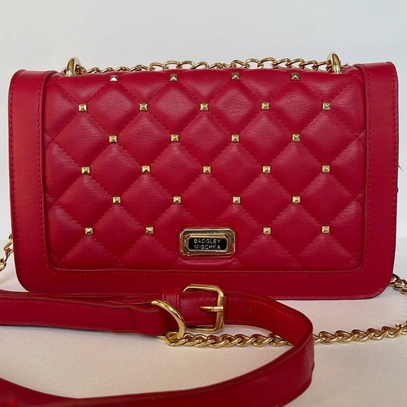 LIKE NEW RED BADGLEY MISCHKA GOLD STUDDED QUILTED CROSSBODY OR SHOULDER BAG - Picture 1 of 12